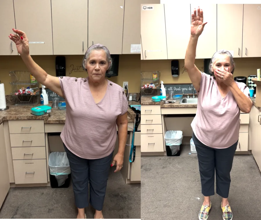 Client before/after shoulder flexion — neuro input produces improved range of motion